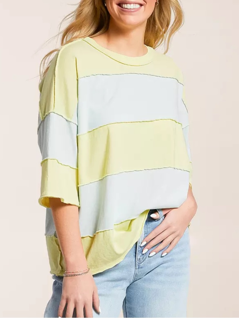 Free People Oversized Two-Tone Striped Tee in Yellow and Light Blue